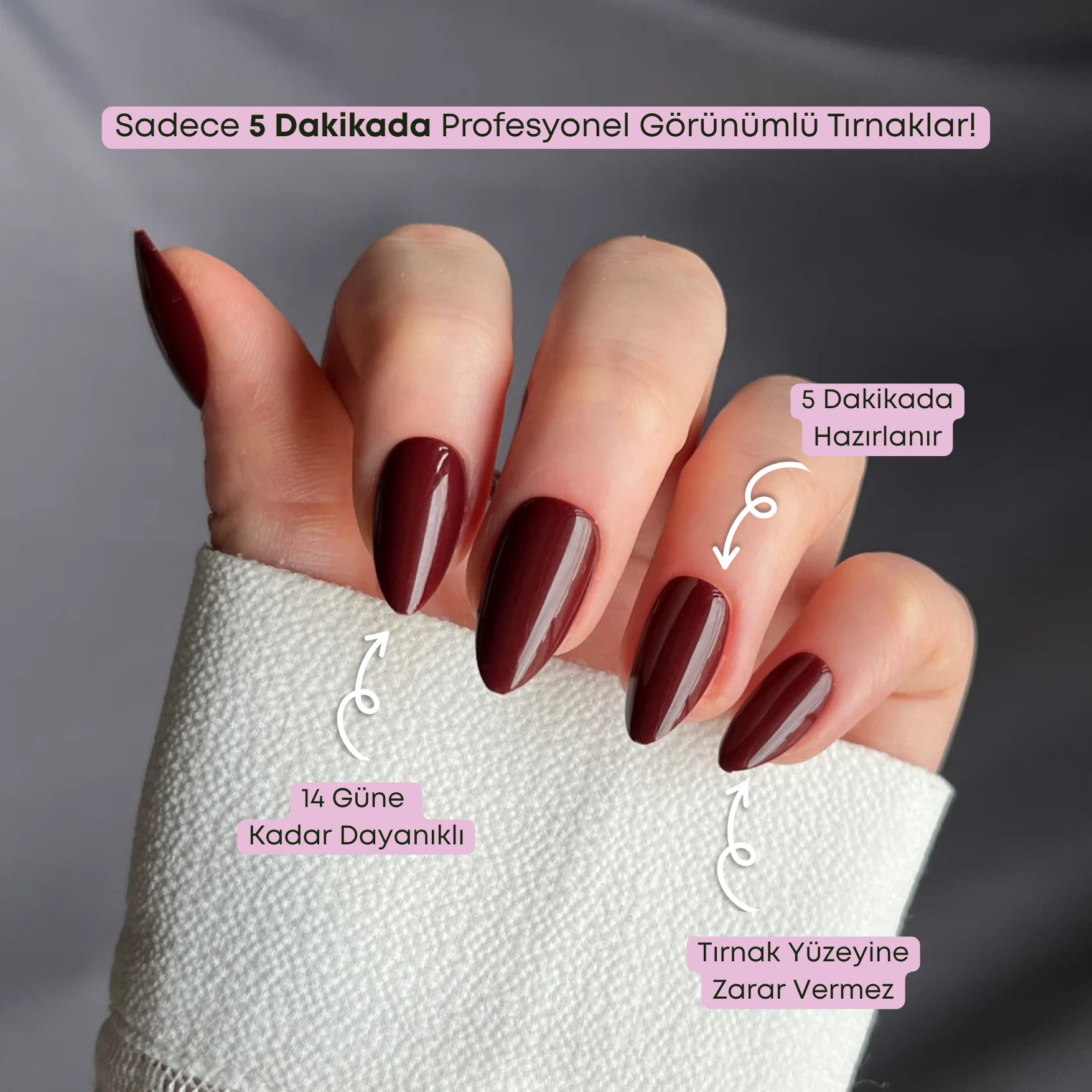 Bordeaux Grace - Short Almond - 30 Adet Takma Tırnak